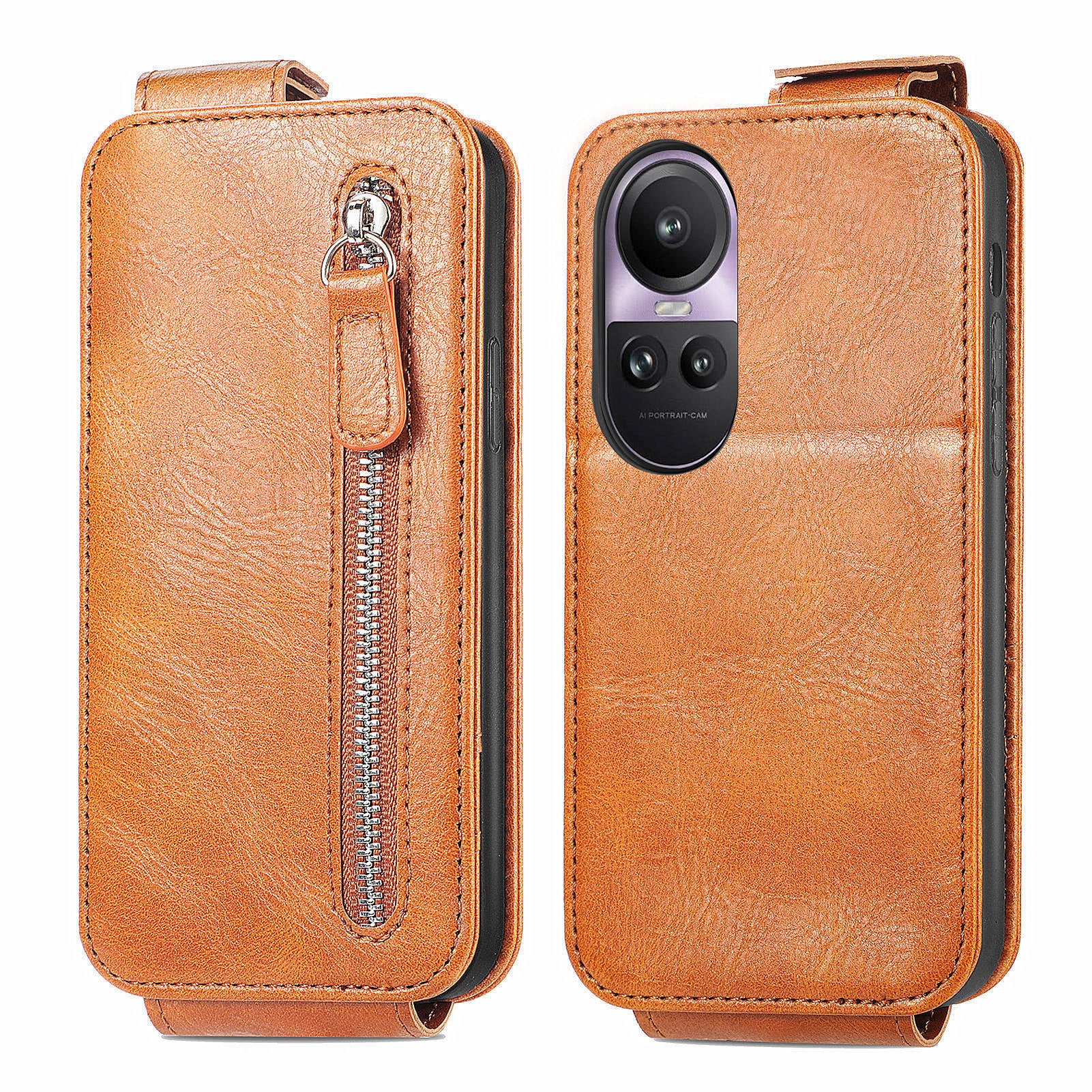 For Oppo Reno11 Pro 5G (Global) Case Zipper Wallet Leather Cover Vertical Flip Closure - Brown