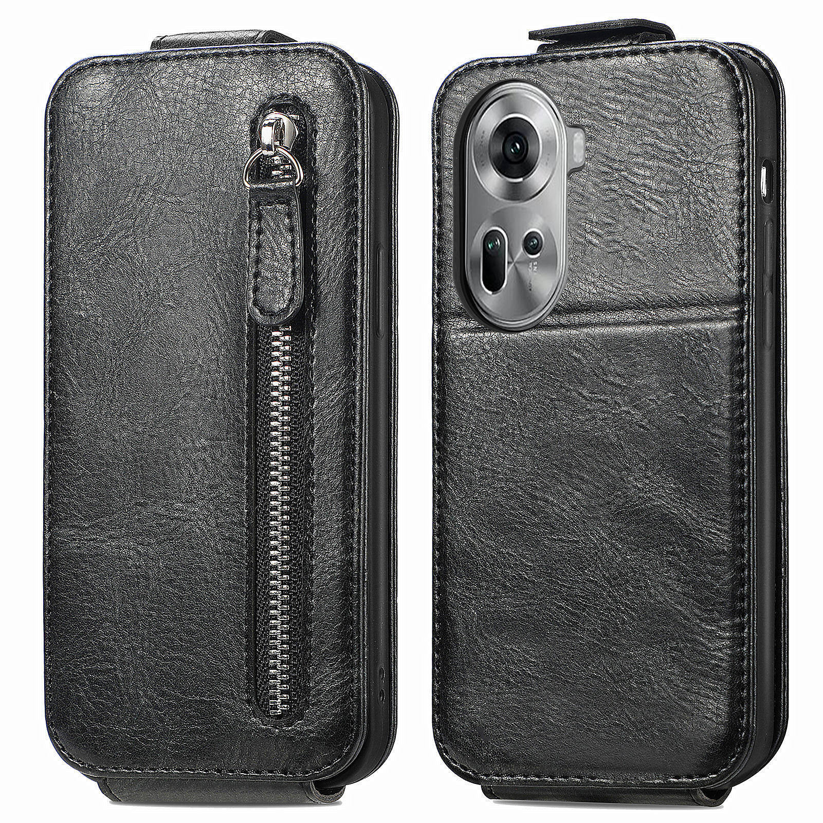 For Oppo Reno11 5G (Global) Cell Phone Case Zipper Pocket Vertical Flip PU Leather Anti-drop Cover - Black