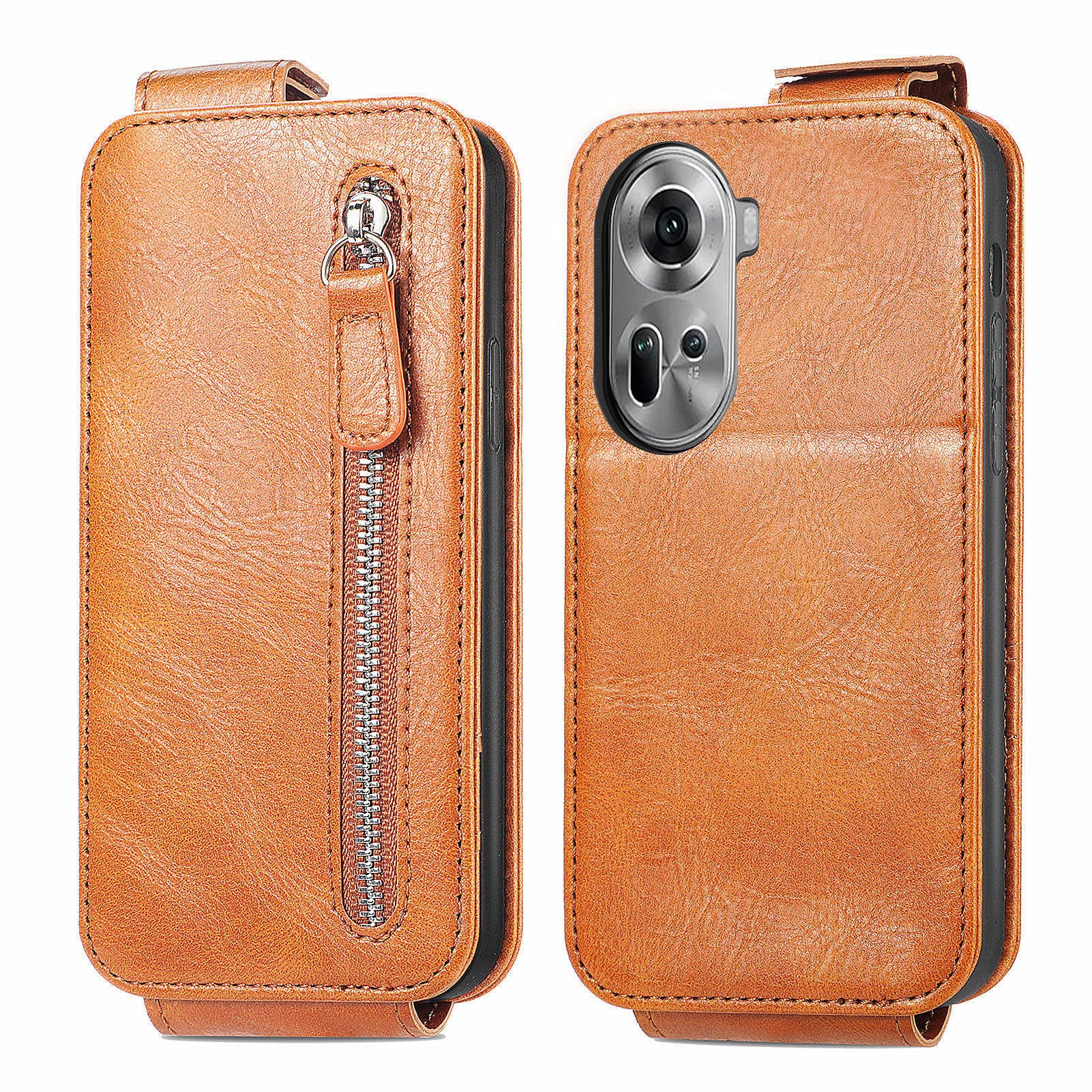 For Oppo Reno11 5G (Global) Cell Phone Case Zipper Pocket Vertical Flip PU Leather Anti-drop Cover - Brown
