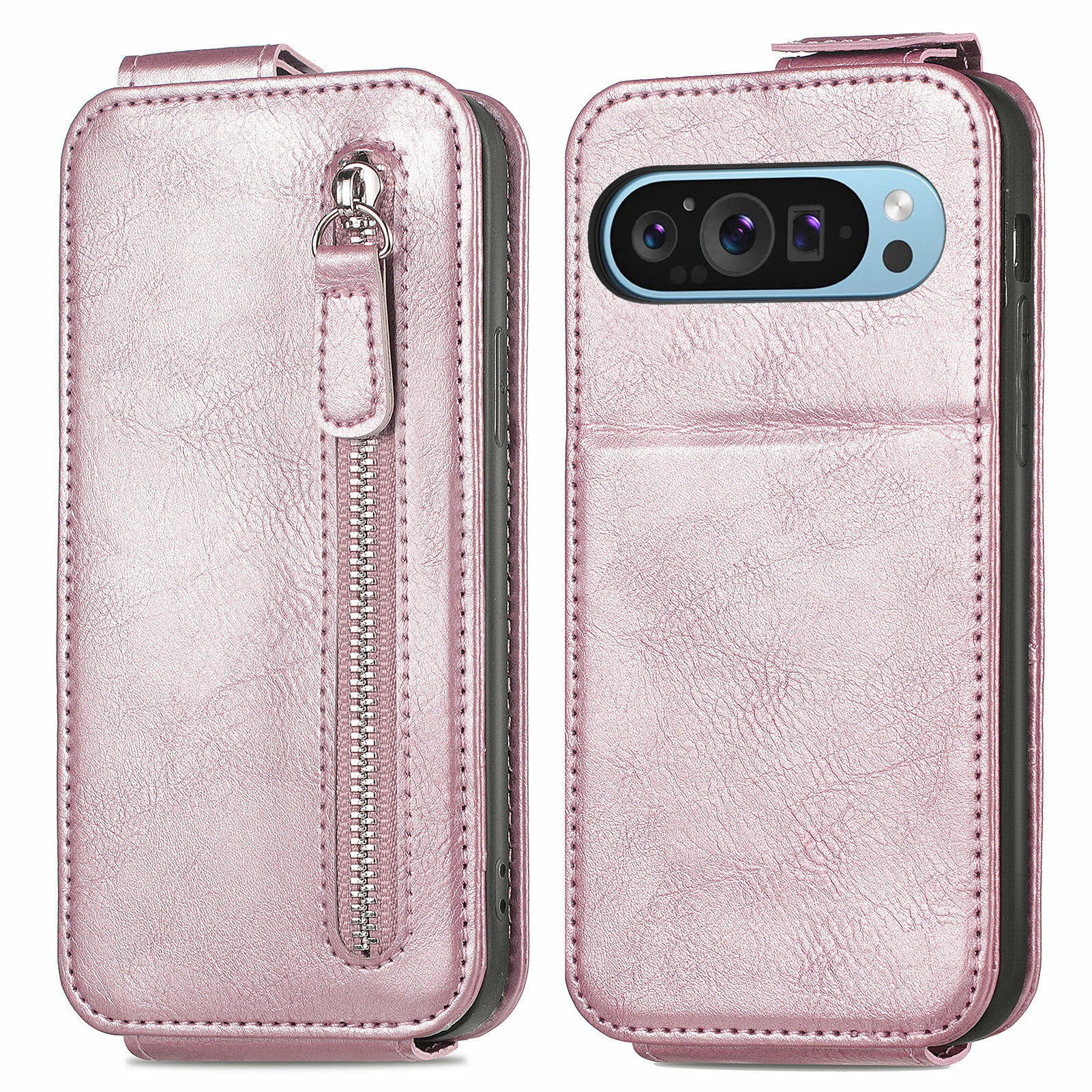For Google Pixel 9 Pro Cell Phone Case Zipper Pocket Vertical Flip PU Leather Phone Stand Cover - Rose Gold