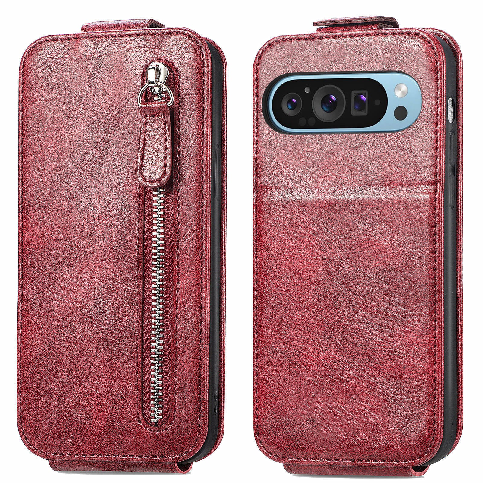 For Google Pixel 9 Pro Cell Phone Case Zipper Pocket Vertical Flip PU Leather Phone Stand Cover - Wine Red