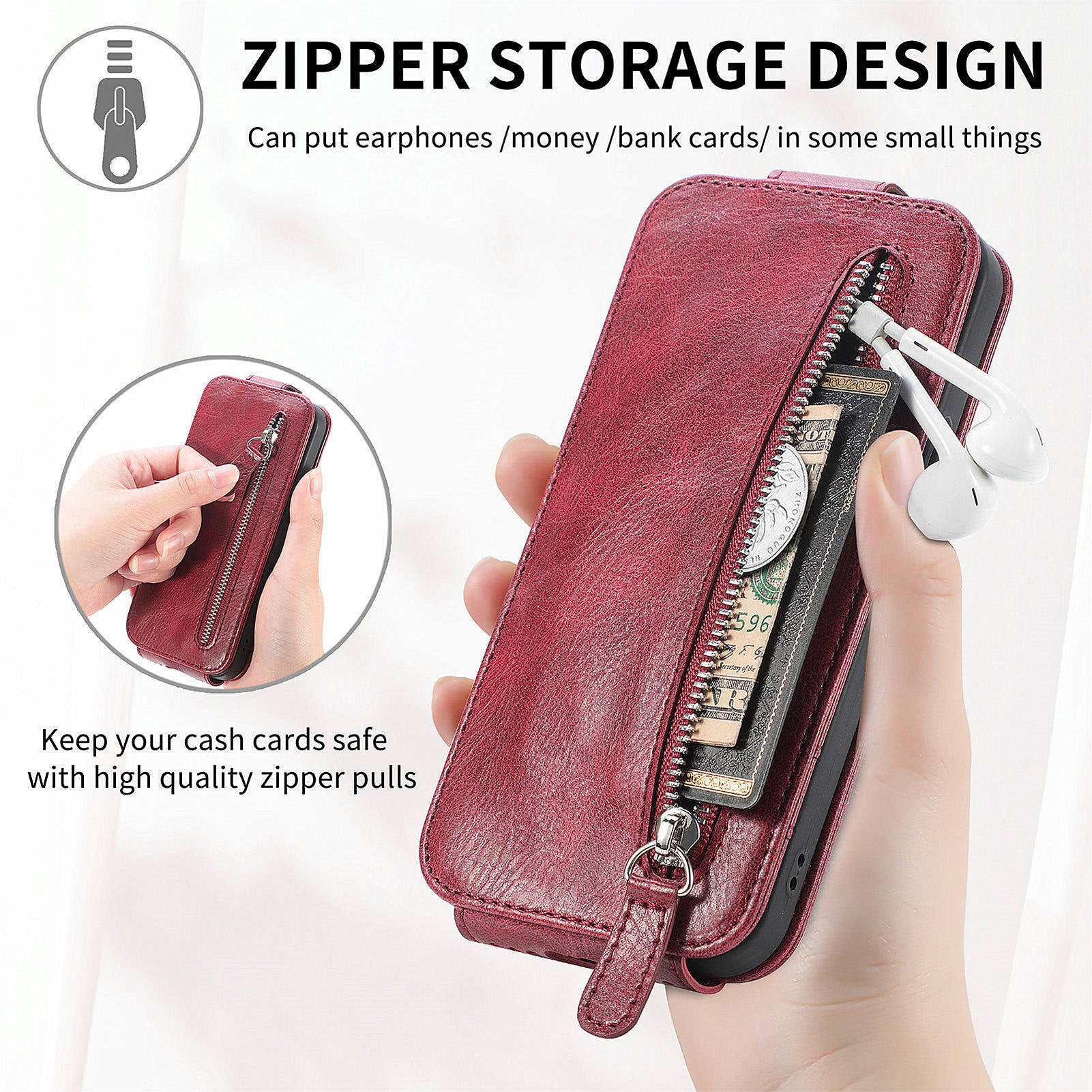 For Google Pixel 9 Pro Cell Phone Case Zipper Pocket Vertical Flip PU Leather Phone Stand Cover - Wine Red