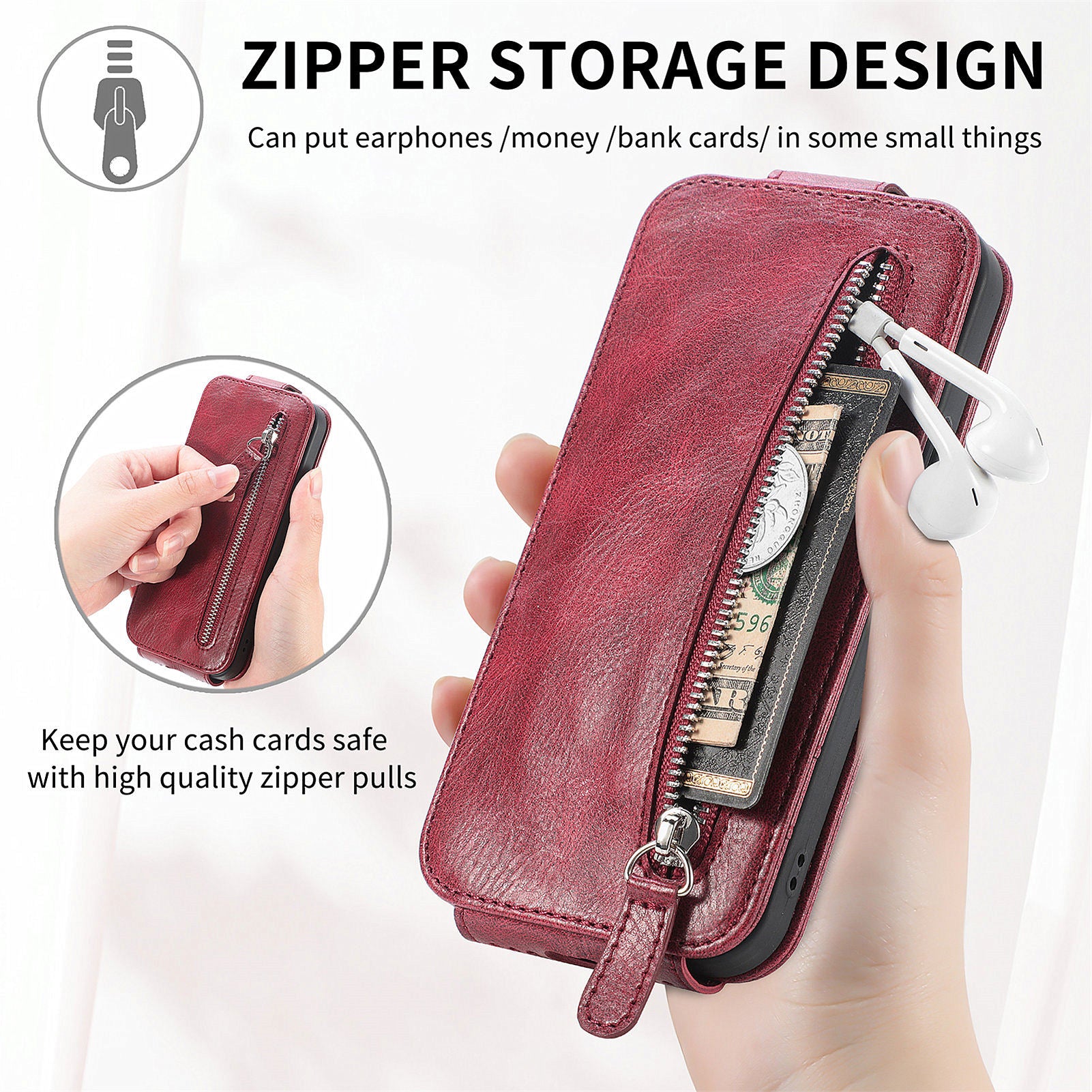 For Samsung Galaxy S24 Leather Case Zipper Wallet Phone Cover Mobile Accessories Wholesale - Wine Red