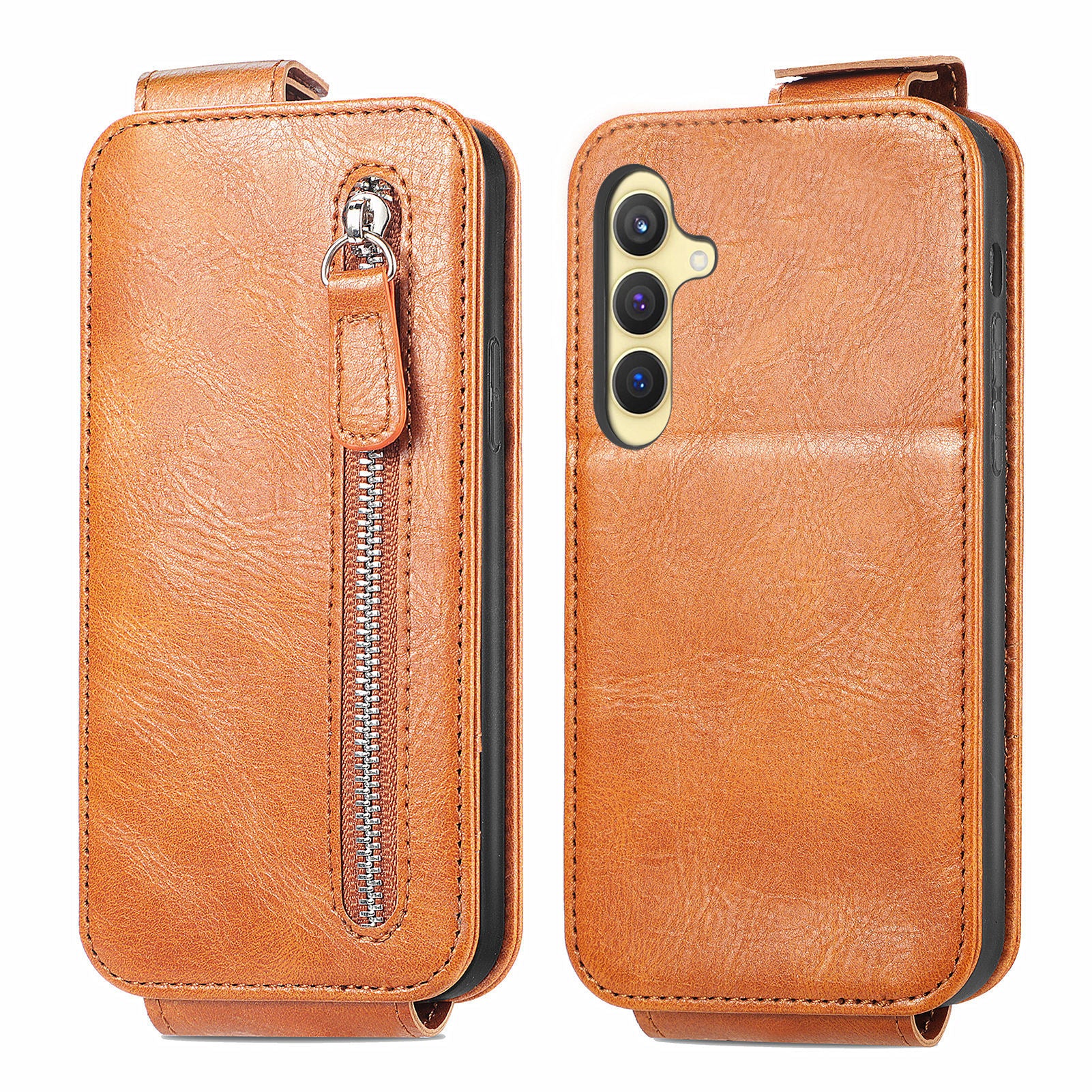 For Samsung Galaxy S24 Leather Case Zipper Wallet Phone Cover Mobile Accessories Wholesale - Brown