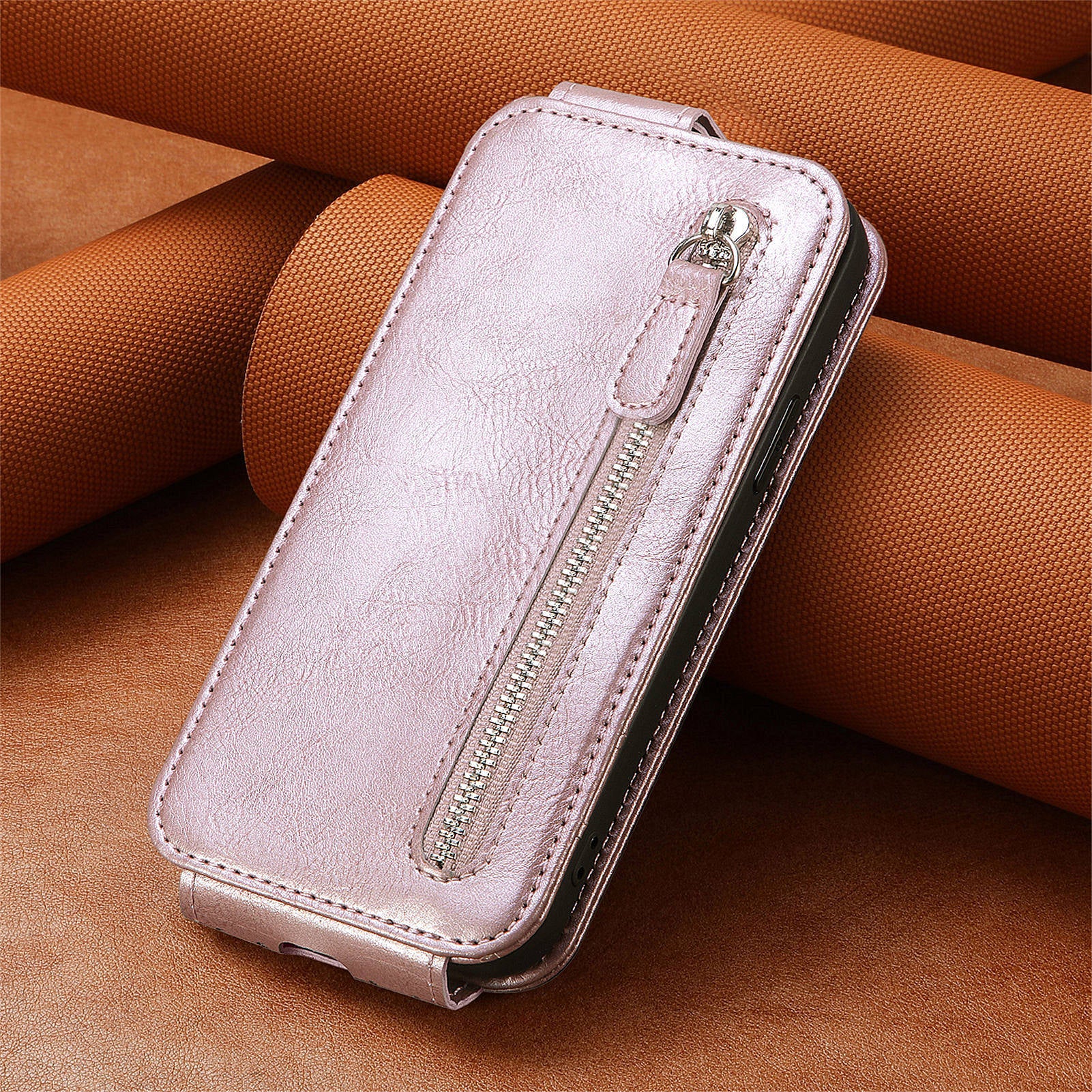Zipper Phone Shell for Realme 12+ 5G Slim-Fit Case Vertical Flip Design Wallet Leather Cover - Rose Gold
