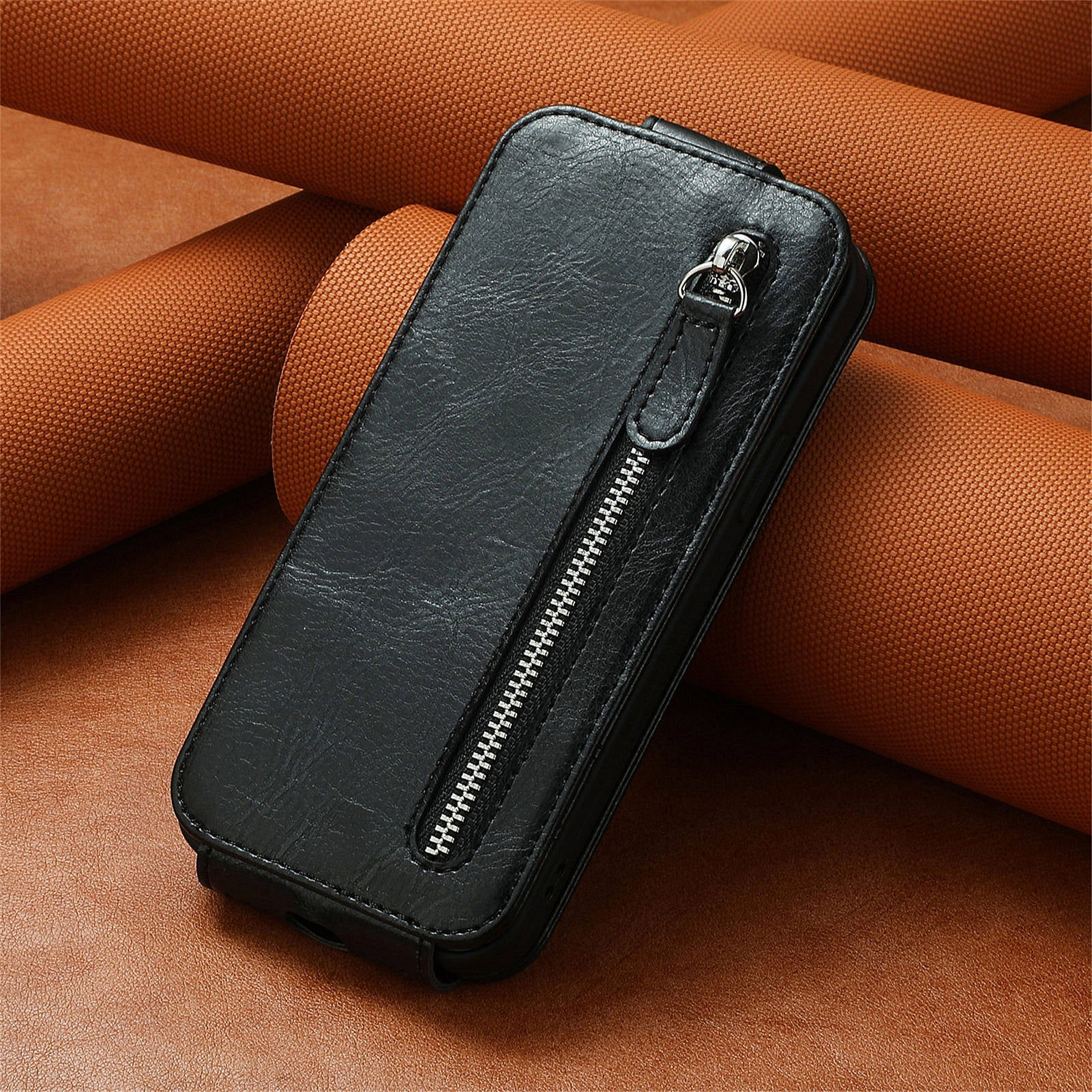 Zipper Phone Shell for Realme 12+ 5G Slim-Fit Case Vertical Flip Design Wallet Leather Cover - Black