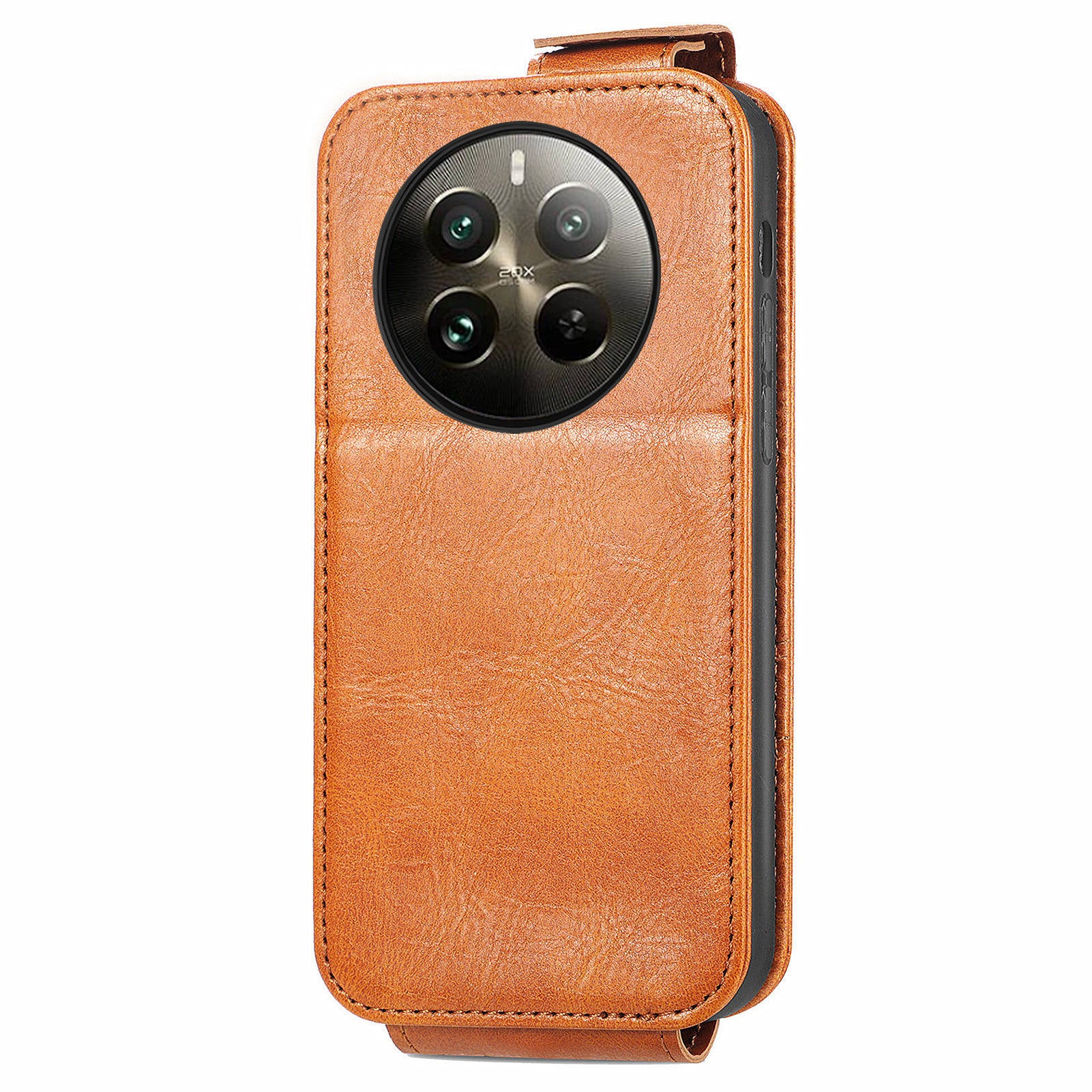 Zipper Phone Shell for Realme 12+ 5G Slim-Fit Case Vertical Flip Design Wallet Leather Cover - Brown