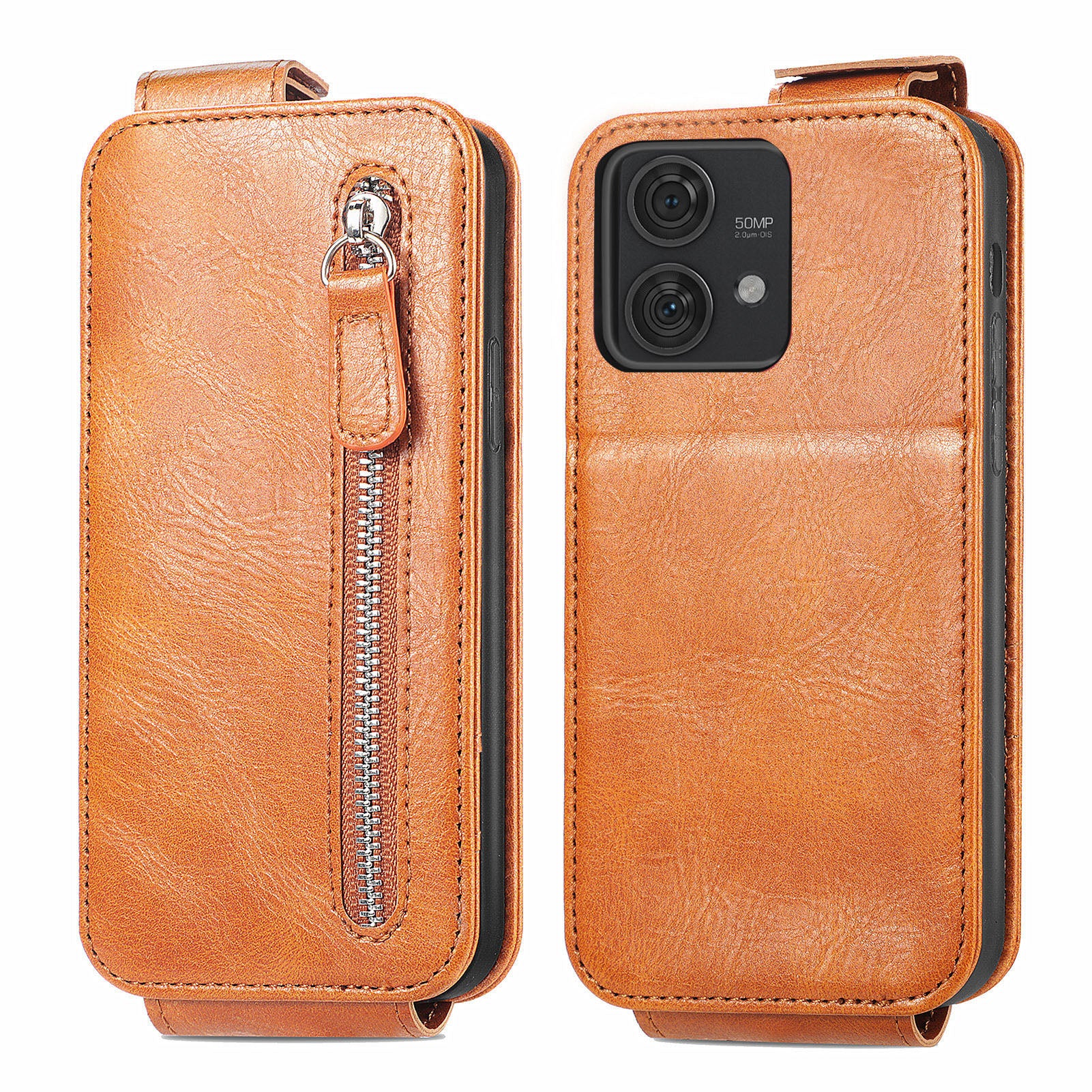 For Motorola Edge 40 Neo 5G PU Leather Phone Case Shockproof Vertical Flip Zipper Wallet Cover - Brown