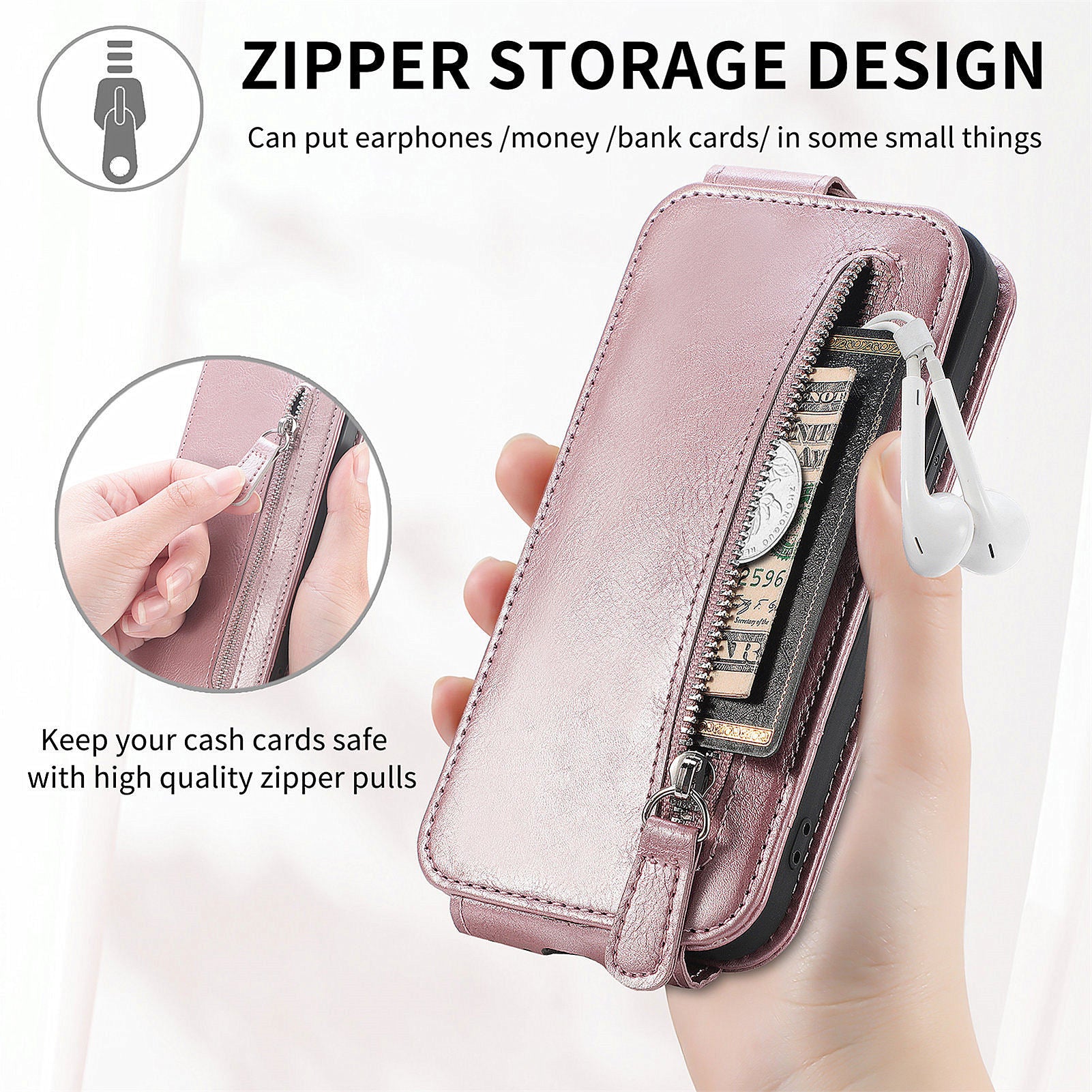 For Motorola Moto G24 Power Phone Case Zipper Pocket Vertical Flip Leather Stand Anti-drop Cover - Rose Gold