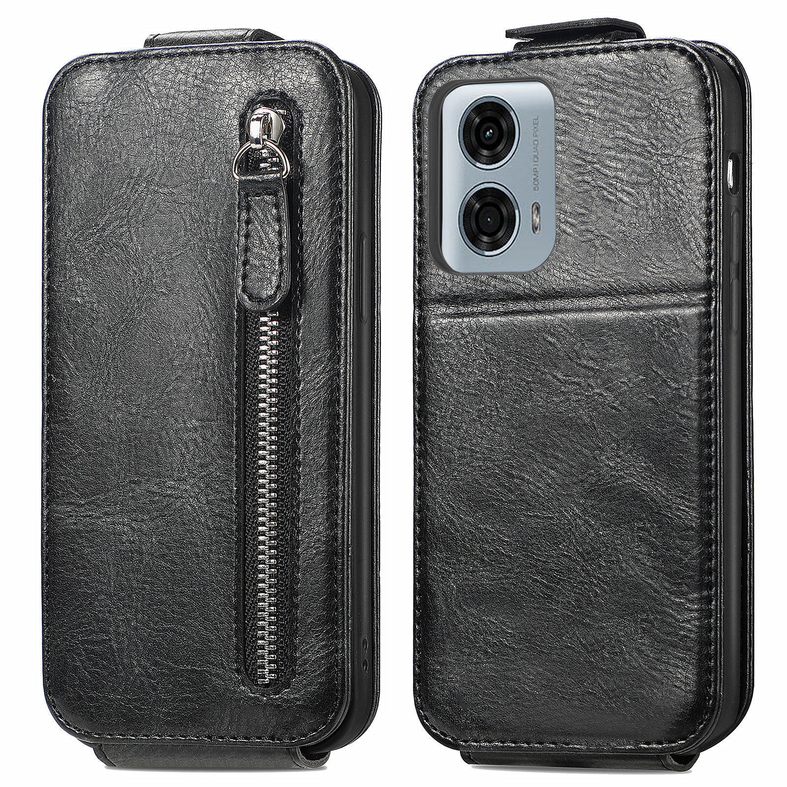 For Motorola Moto G24 Power Phone Case Zipper Pocket Vertical Flip Leather Stand Anti-drop Cover - Black