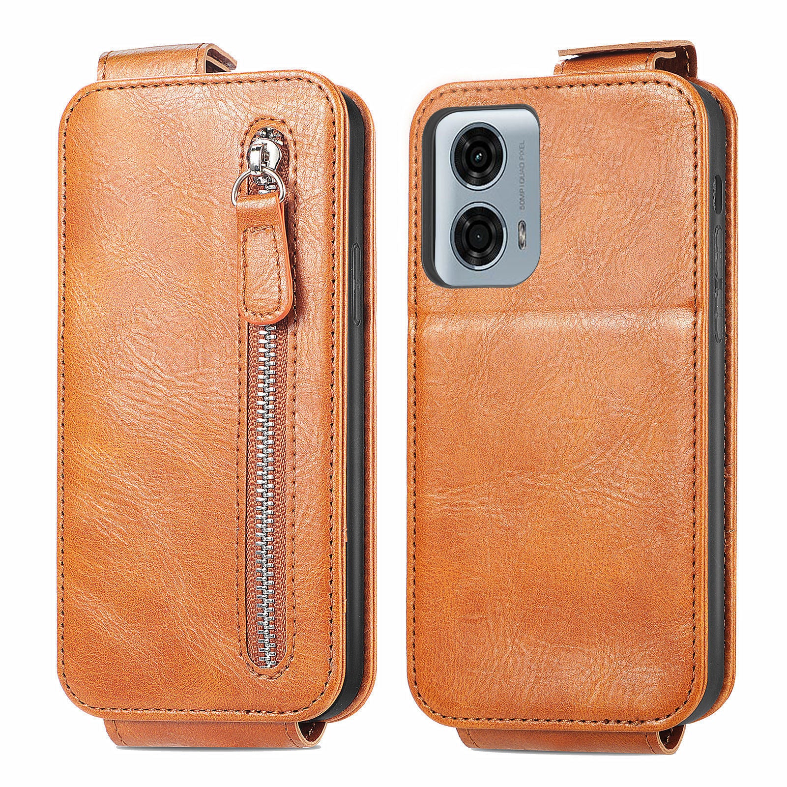 For Motorola Moto G24 Power Phone Case Zipper Pocket Vertical Flip Leather Stand Anti-drop Cover - Brown