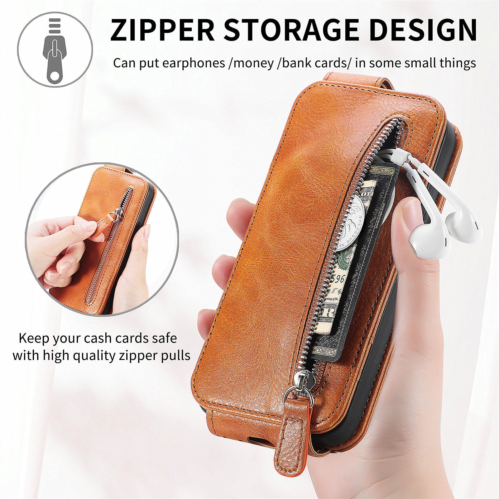 For Motorola Moto G24 Power Phone Case Zipper Pocket Vertical Flip Leather Stand Anti-drop Cover - Brown