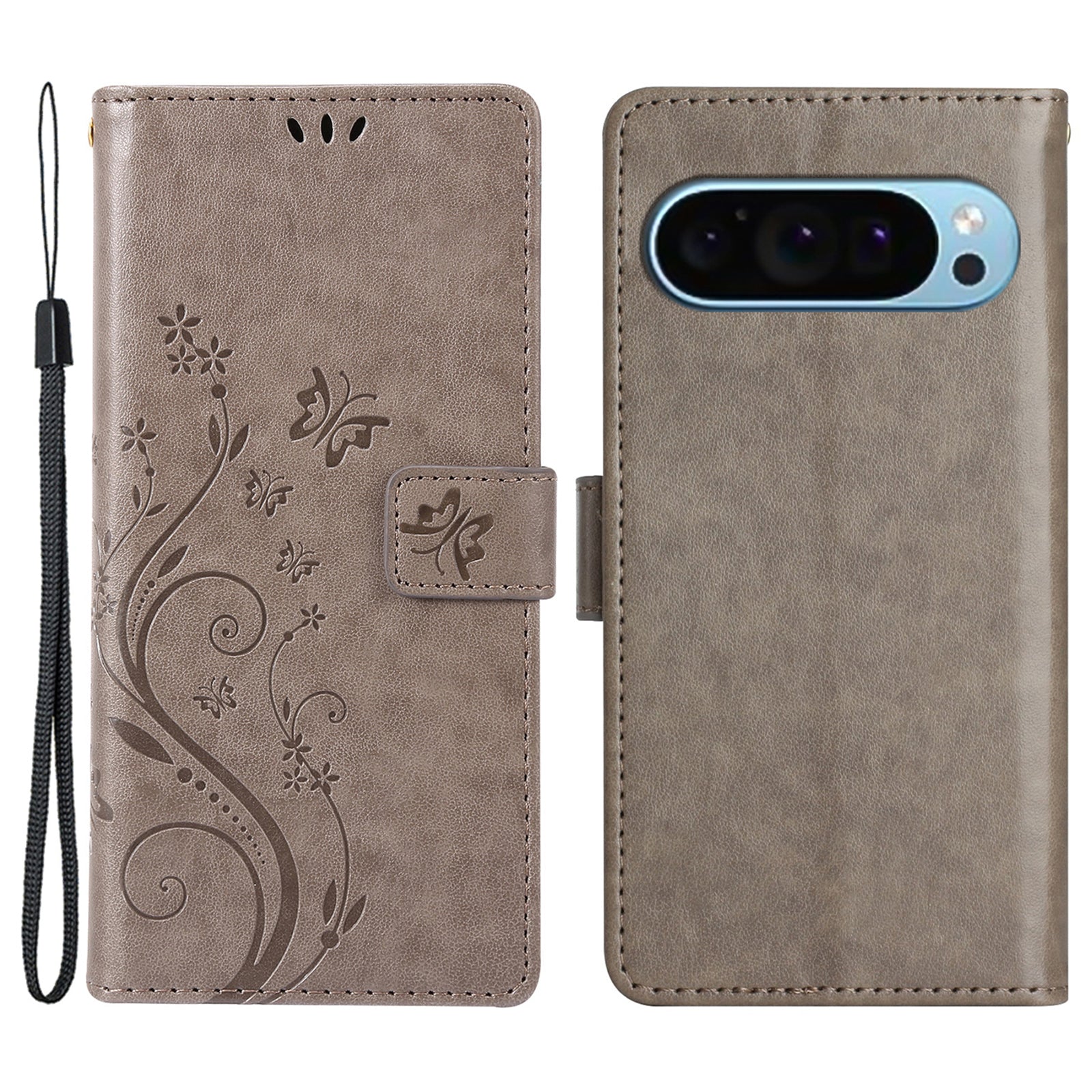 For Google Pixel 9 Case Butterfly Pattern PU Leather Wallet Phone Cover - Grey