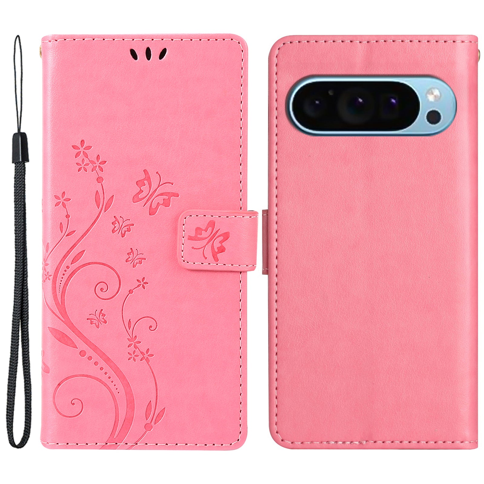 For Google Pixel 9 Case Butterfly Pattern PU Leather Wallet Phone Cover - Pink