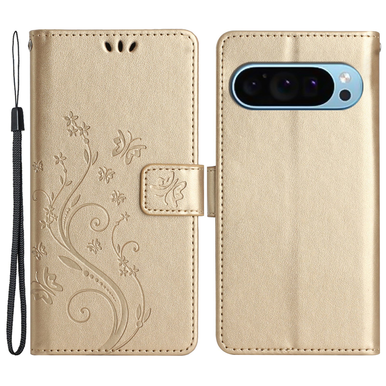 For Google Pixel 9 Case Butterfly Pattern PU Leather Wallet Phone Cover - Gold