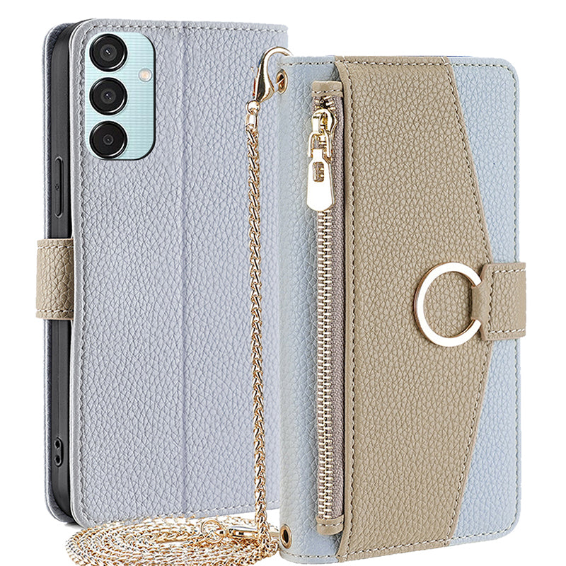 For Samsung Galaxy M15 5G Leather Case Zipper Wallet Crossbody Phone Cover with Mirror - Blue