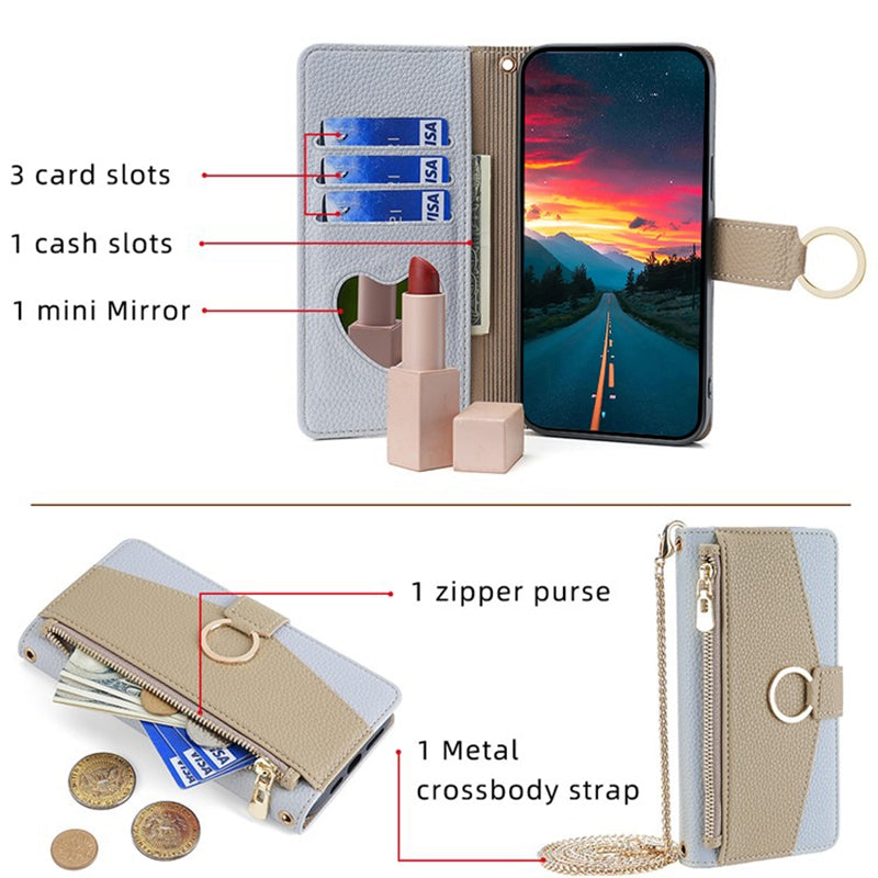 For Samsung Galaxy M15 5G Leather Case Zipper Wallet Crossbody Phone Cover with Mirror - Blue