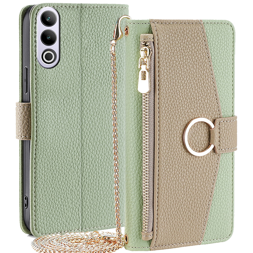 For OnePlus Ace 3V 5G  Case Zipper Wallet Mirror Crossbody Phone Cover with Long Strap - Green