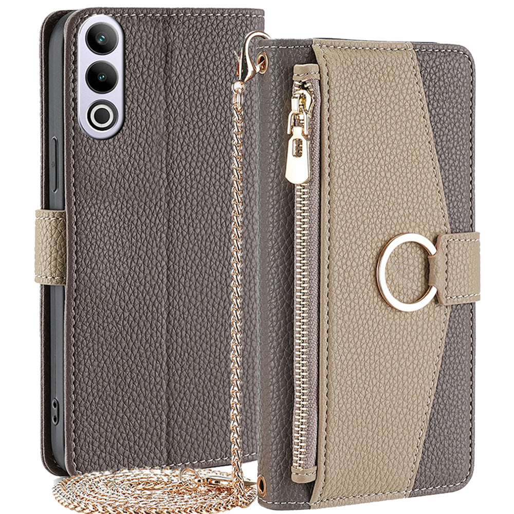 For OnePlus Ace 3V 5G  Case Zipper Wallet Mirror Crossbody Phone Cover with Long Strap - Grey