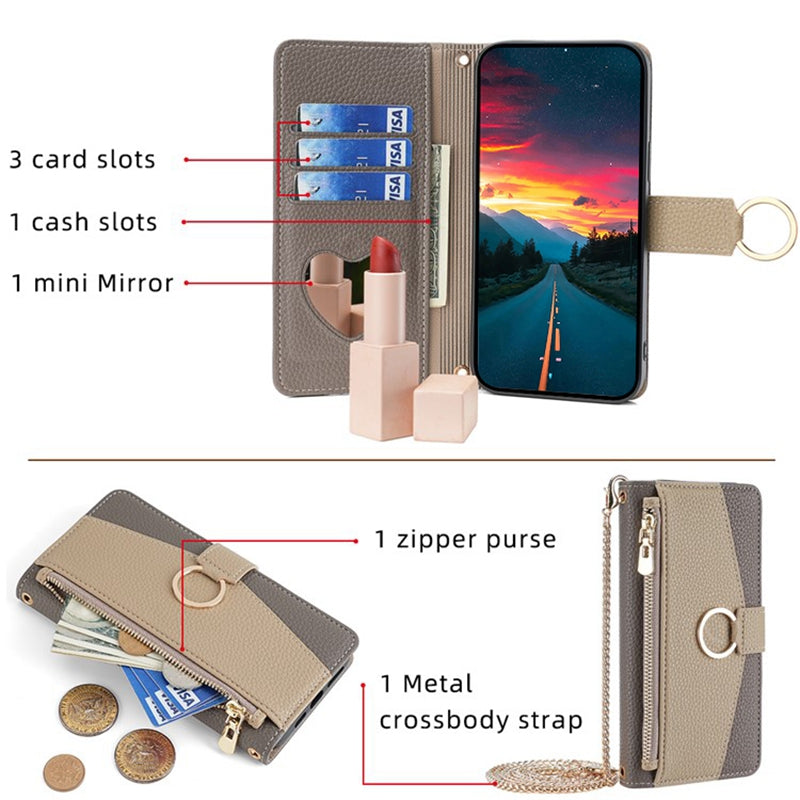 For OnePlus Ace 3V 5G  Case Zipper Wallet Mirror Crossbody Phone Cover with Long Strap - Grey