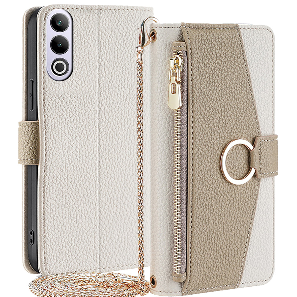 For OnePlus Ace 3V 5G  Case Zipper Wallet Mirror Crossbody Phone Cover with Long Strap - White