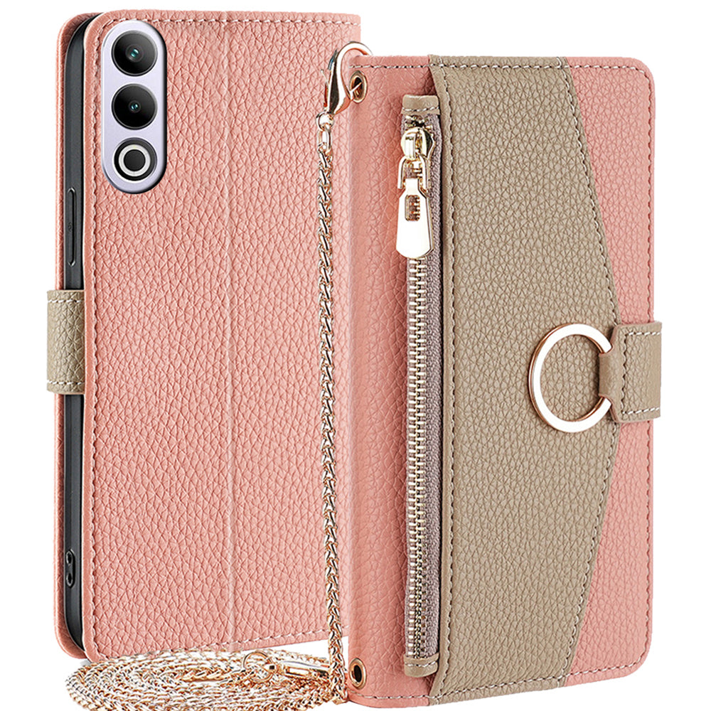 For OnePlus Ace 3V 5G  Case Zipper Wallet Mirror Crossbody Phone Cover with Long Strap - Pink