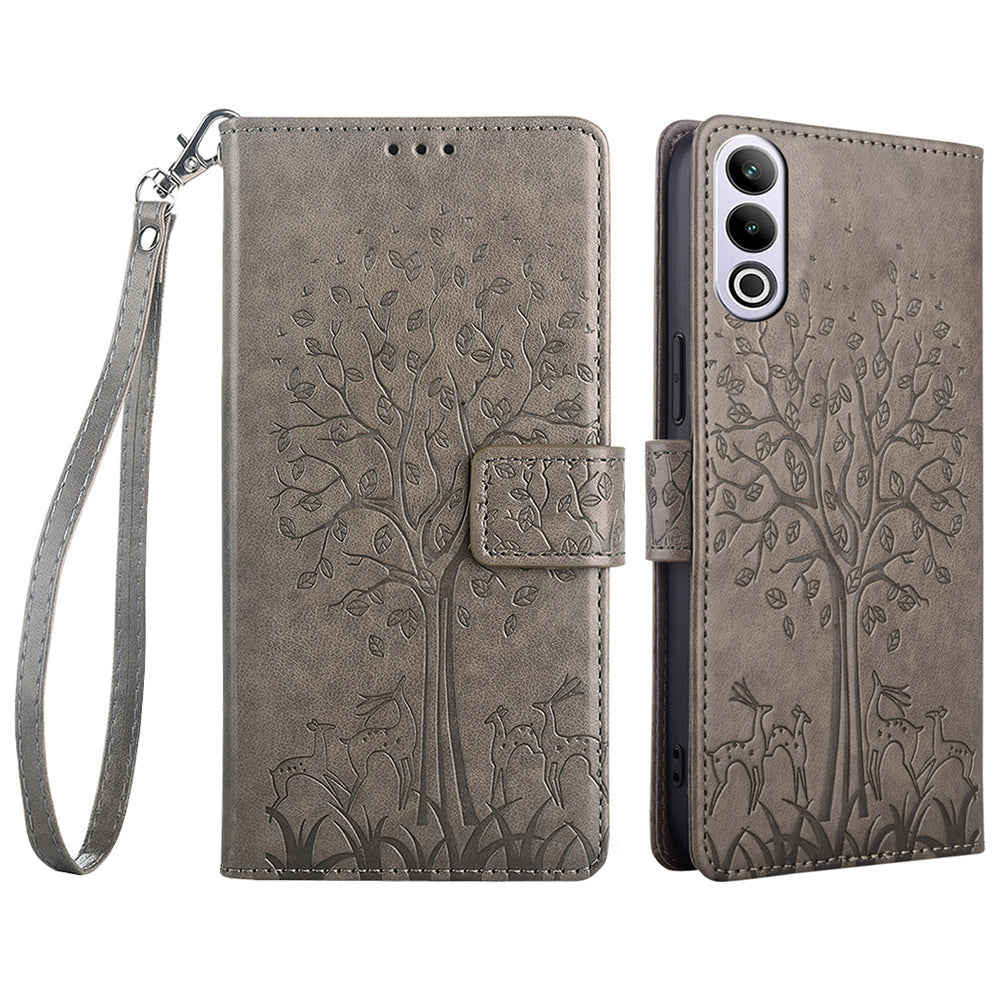 For OnePlus Ace 3V 5G Leather Case Tree Imprinted Wallet Stand Cell Phone Cover - Grey