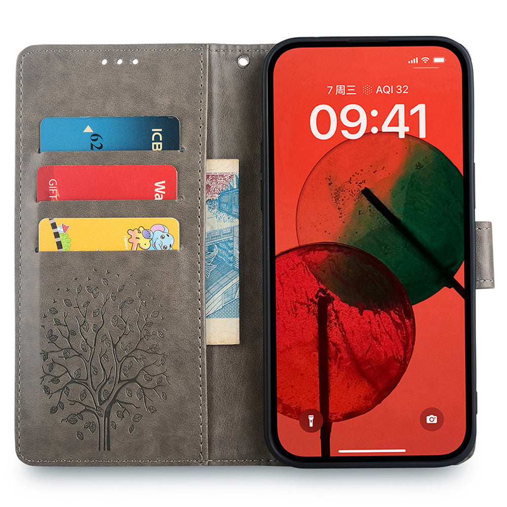 For OnePlus Ace 3V 5G Leather Case Tree Imprinted Wallet Stand Cell Phone Cover - Grey