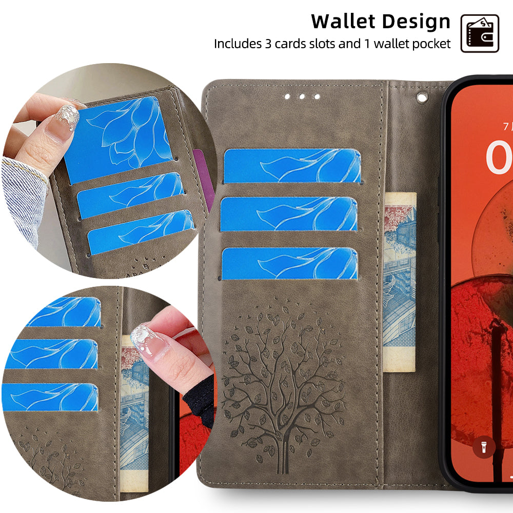 For OnePlus Ace 3V 5G Leather Case Tree Imprinted Wallet Stand Cell Phone Cover - Grey