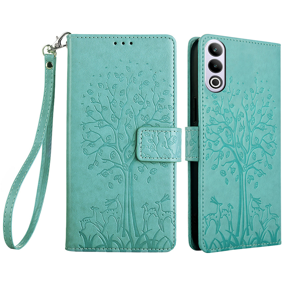 For OnePlus Ace 3V 5G Leather Case Tree Imprinted Wallet Stand Cell Phone Cover - Green