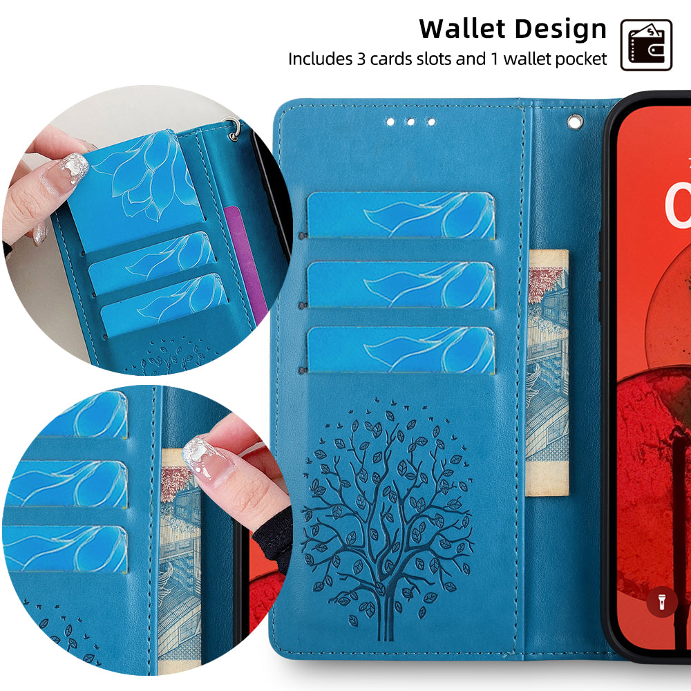 For OnePlus Ace 3V 5G Leather Case Tree Imprinted Wallet Stand Cell Phone Cover - Blue