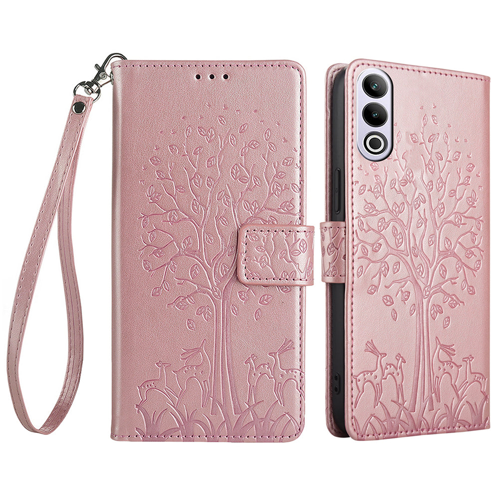 For OnePlus Ace 3V 5G Leather Case Tree Imprinted Wallet Stand Cell Phone Cover - Rose Gold