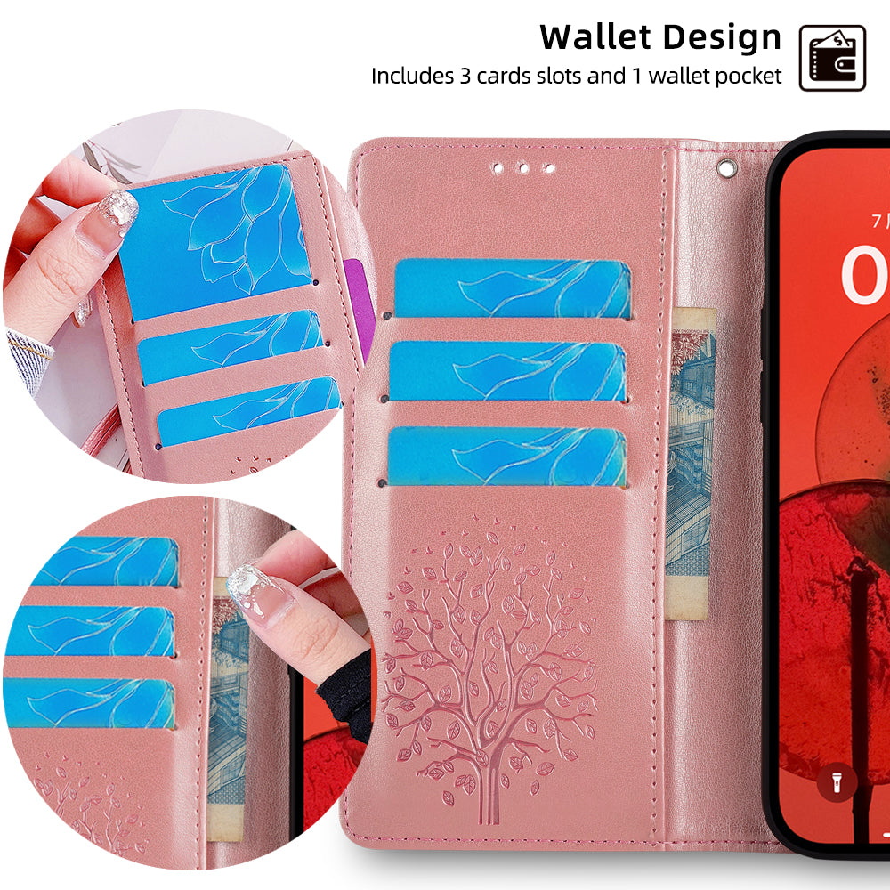 For OnePlus Ace 3V 5G Leather Case Tree Imprinted Wallet Stand Cell Phone Cover - Rose Gold