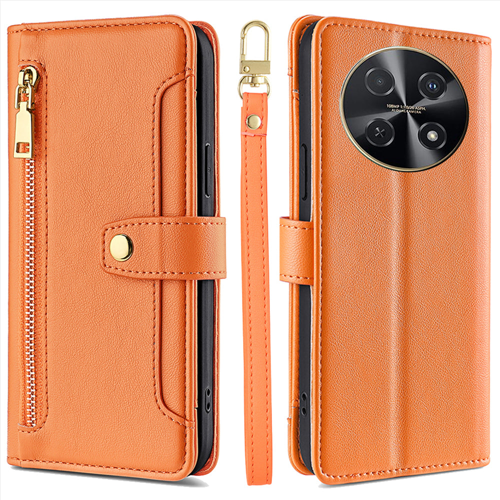 For Huawei nova 12i 4G Shockproof Phone Cover Zipper Pocket Leather Cell Phone Case Wallet with 2 Straps - Orange