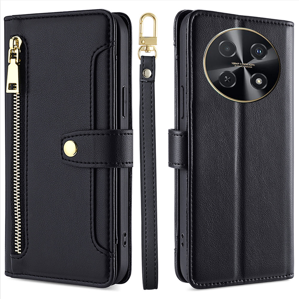 For Huawei nova 12i 4G Shockproof Phone Cover Zipper Pocket Leather Cell Phone Case Wallet with 2 Straps - Black