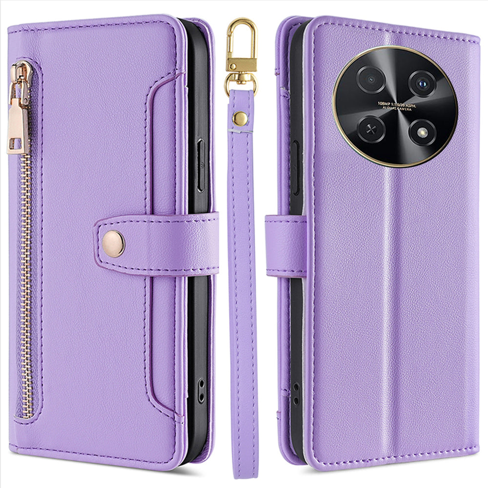 For Huawei nova 12i 4G Shockproof Phone Cover Zipper Pocket Leather Cell Phone Case Wallet with 2 Straps - Purple