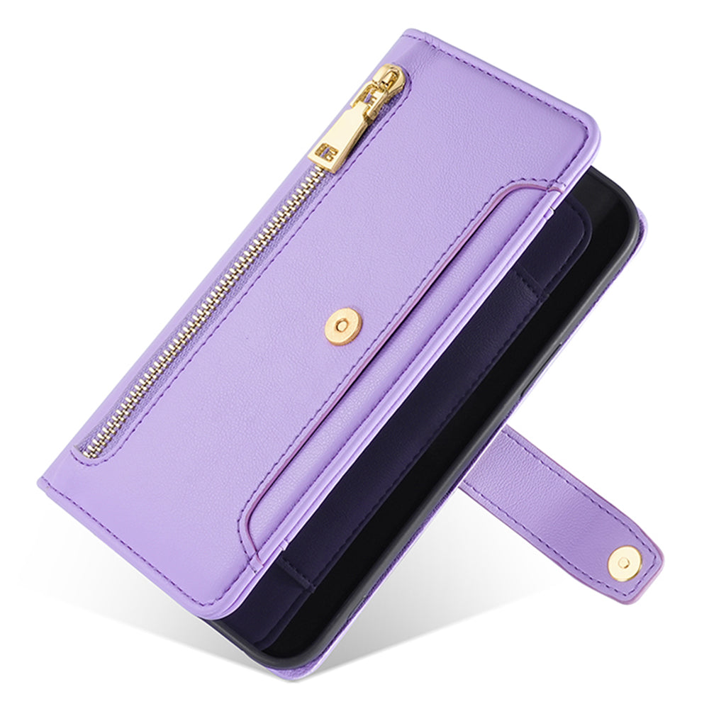 For Huawei nova 12i 4G Shockproof Phone Cover Zipper Pocket Leather Cell Phone Case Wallet with 2 Straps - Purple