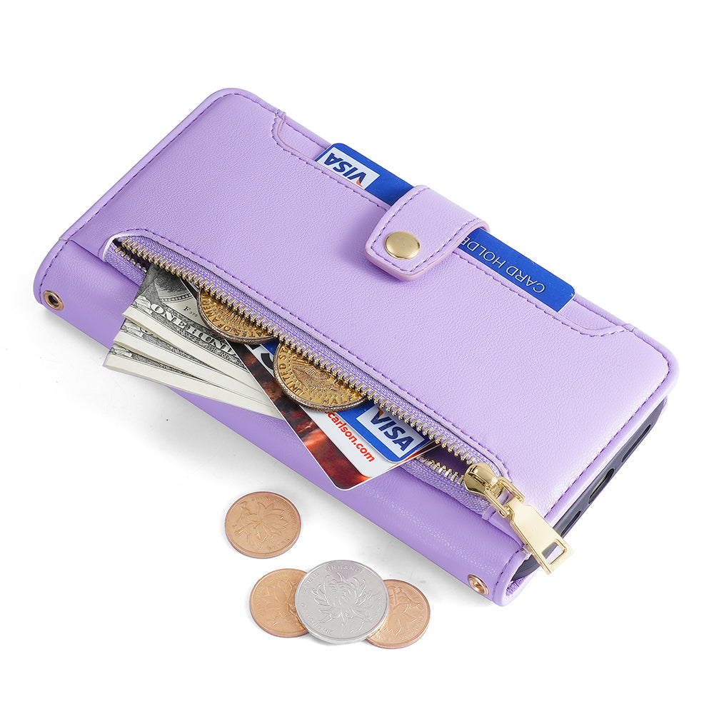 For Huawei nova 12i 4G Shockproof Phone Cover Zipper Pocket Leather Cell Phone Case Wallet with 2 Straps - Purple