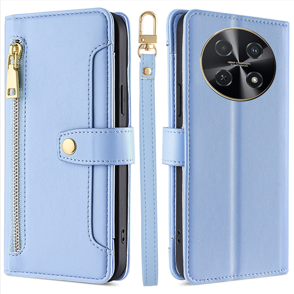 For Huawei nova 12i 4G Shockproof Phone Cover Zipper Pocket Leather Cell Phone Case Wallet with 2 Straps - Blue