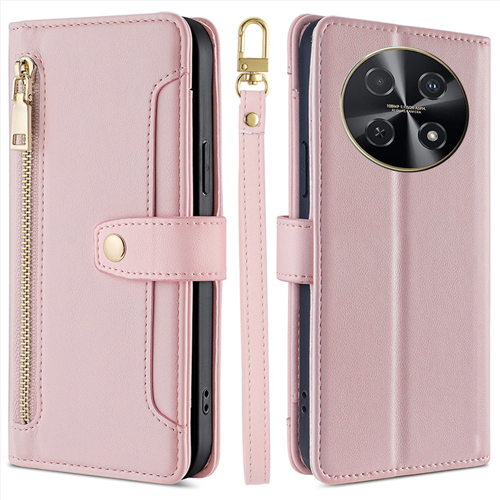 For Huawei nova 12i 4G Shockproof Phone Cover Zipper Pocket Leather Cell Phone Case Wallet with 2 Straps - Pink