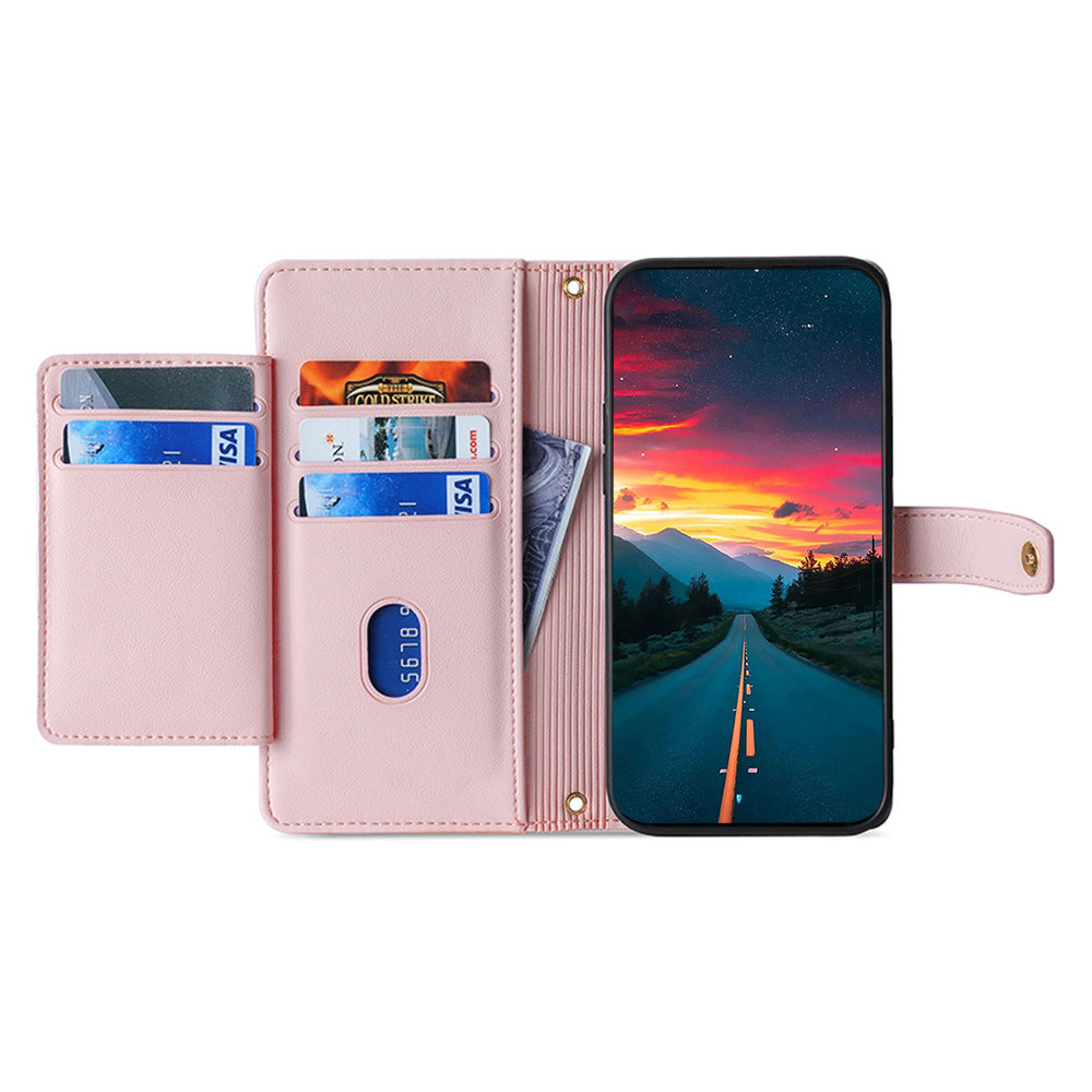 For Huawei nova 12i 4G Shockproof Phone Cover Zipper Pocket Leather Cell Phone Case Wallet with 2 Straps - Pink