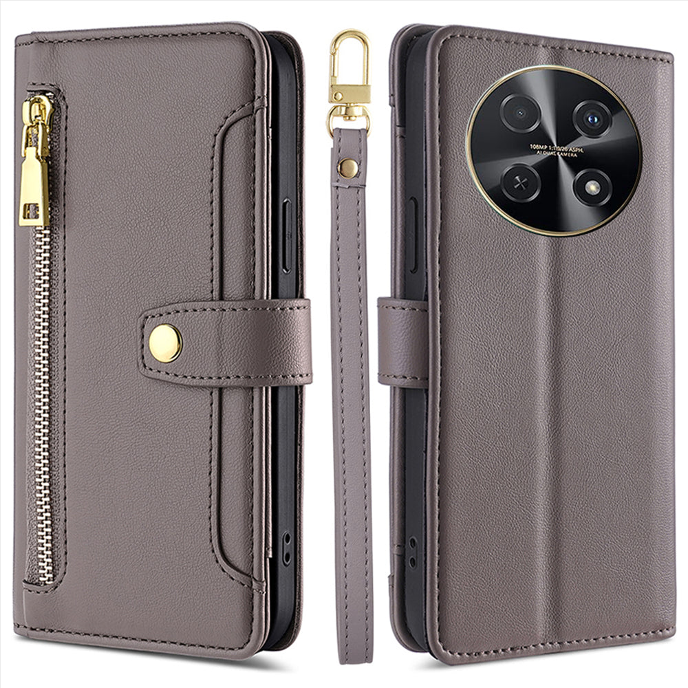 For Huawei nova 12i 4G Shockproof Phone Cover Zipper Pocket Leather Cell Phone Case Wallet with 2 Straps - Grey