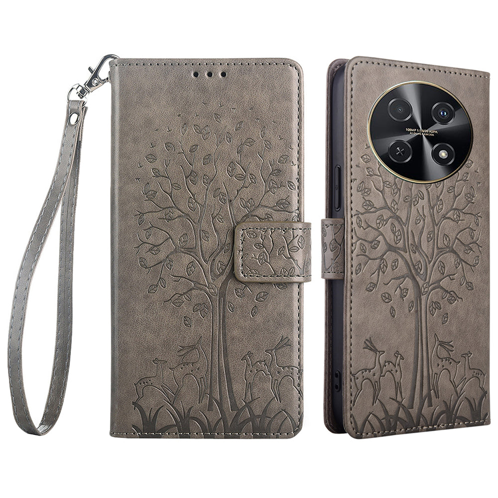 For Huawei nova 12i 4G Leather Wallet Stand Case Tree Imprinted Cell Phone Cover - Grey