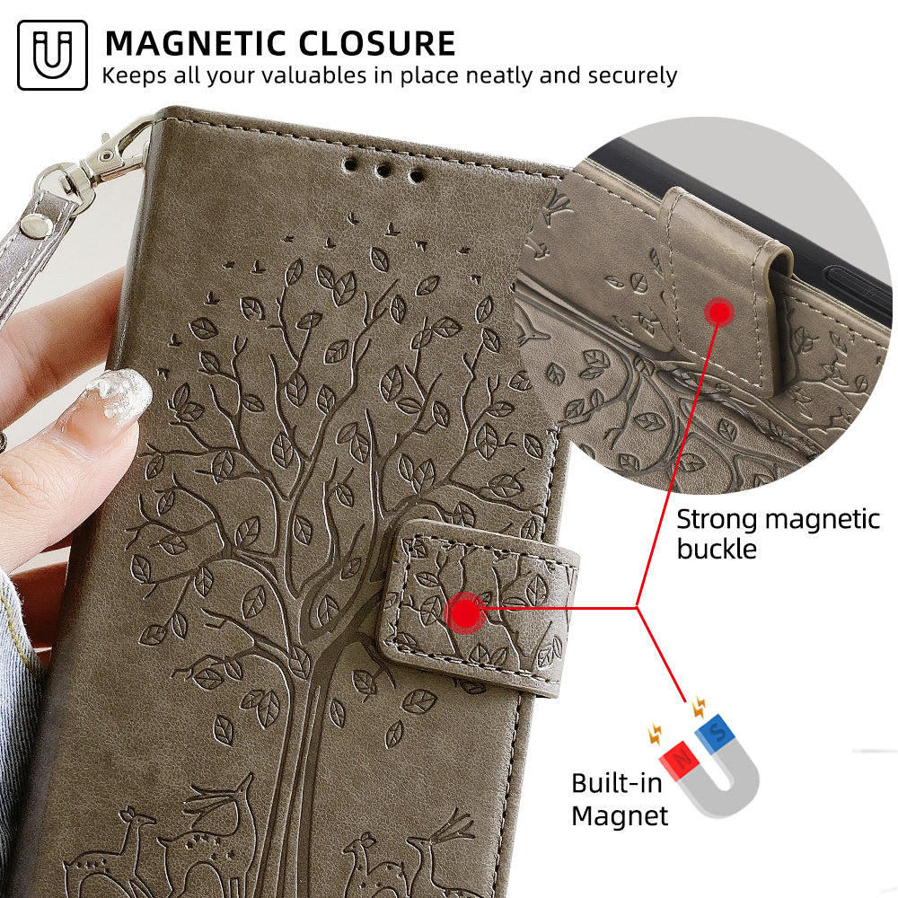 For Huawei nova 12i 4G Leather Wallet Stand Case Tree Imprinted Cell Phone Cover - Grey