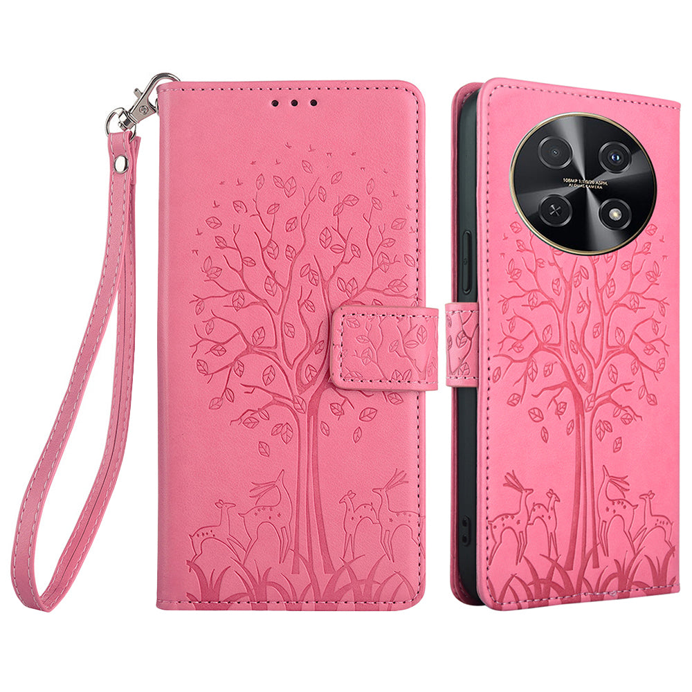 For Huawei nova 12i 4G Leather Wallet Stand Case Tree Imprinted Cell Phone Cover - Pink