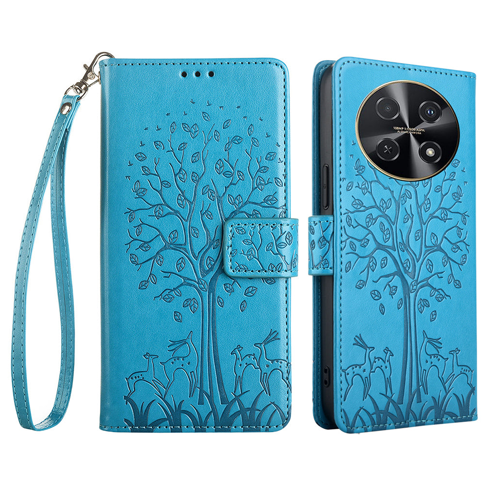 For Huawei nova 12i 4G Leather Wallet Stand Case Tree Imprinted Cell Phone Cover - Blue