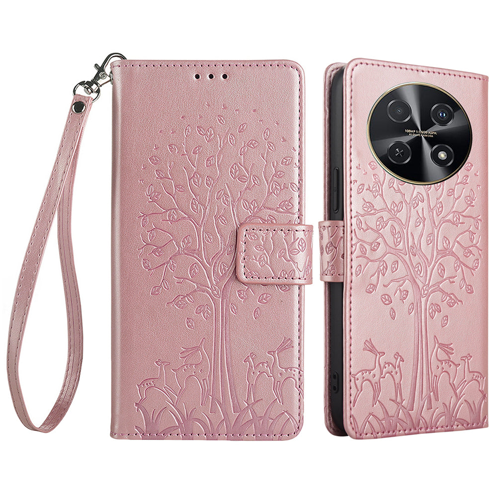 For Huawei nova 12i 4G Leather Wallet Stand Case Tree Imprinted Cell Phone Cover - Rose Gold