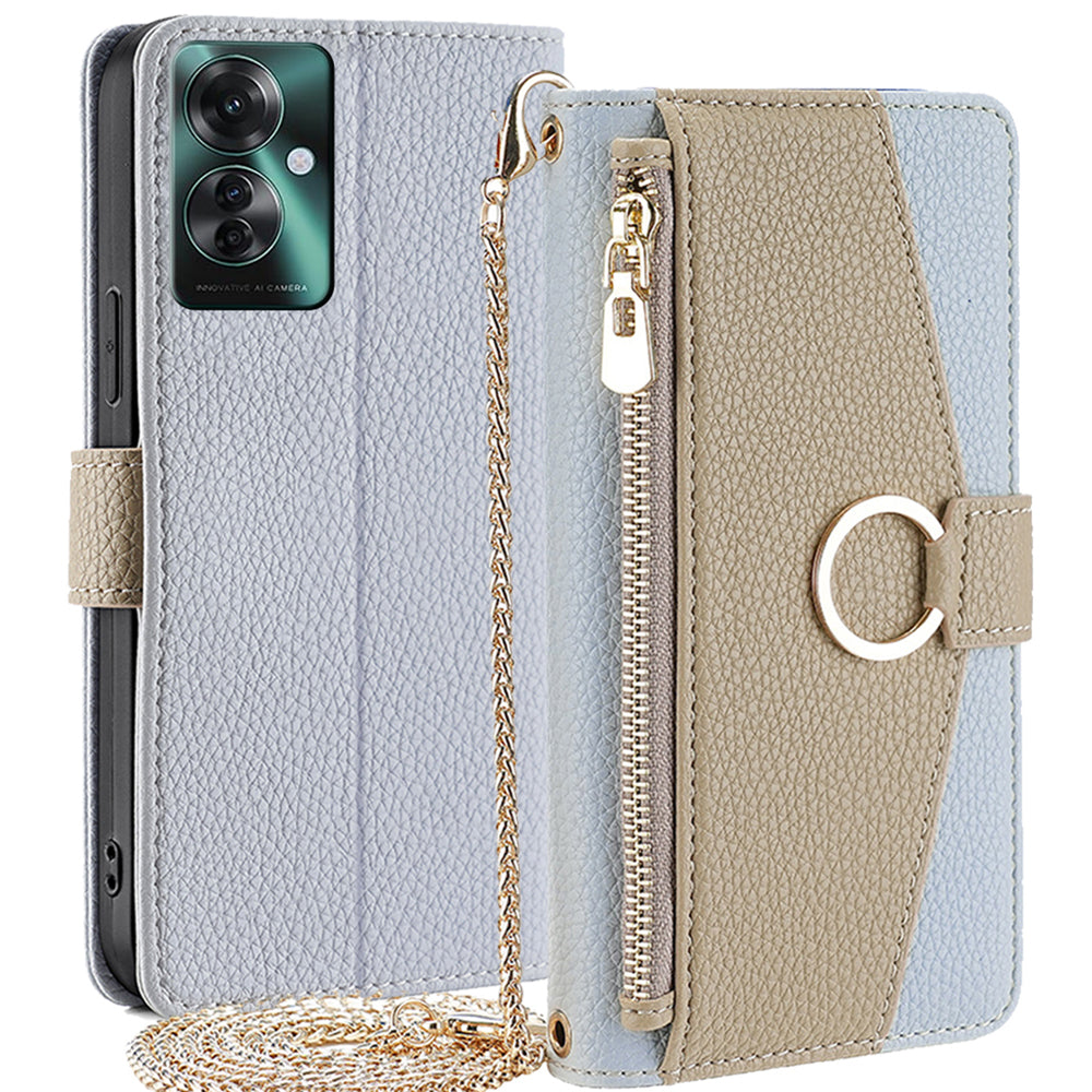 For Oppo Reno11 F 5G / F25 Pro 5G Case Mirror Leather Zipper Wallet Phone Cover with Shoulder Strap - Blue