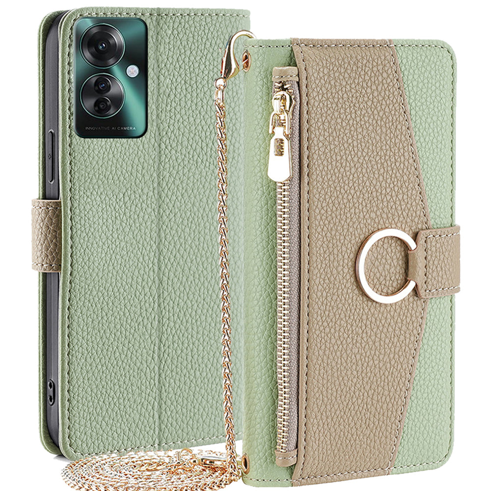 For Oppo Reno11 F 5G / F25 Pro 5G Case Mirror Leather Zipper Wallet Phone Cover with Shoulder Strap - Green