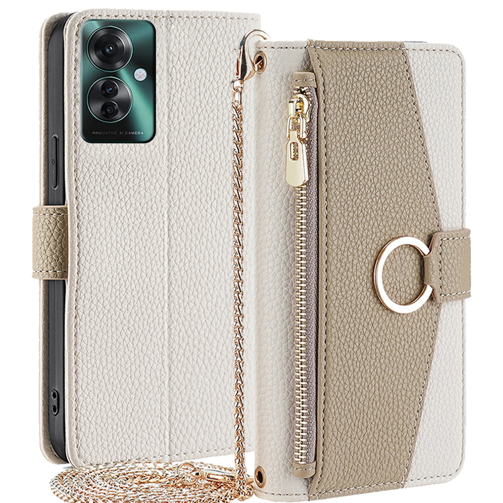 For Oppo Reno11 F 5G / F25 Pro 5G Case Mirror Leather Zipper Wallet Phone Cover with Shoulder Strap - White